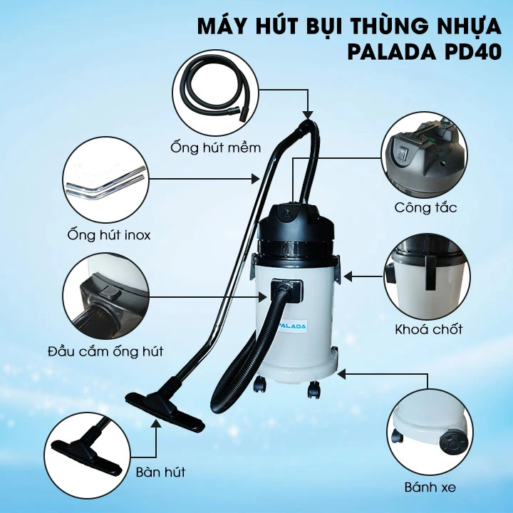 Cấu tạo máy hút bụi nhà xưởng thùng nhựa Palada PD40