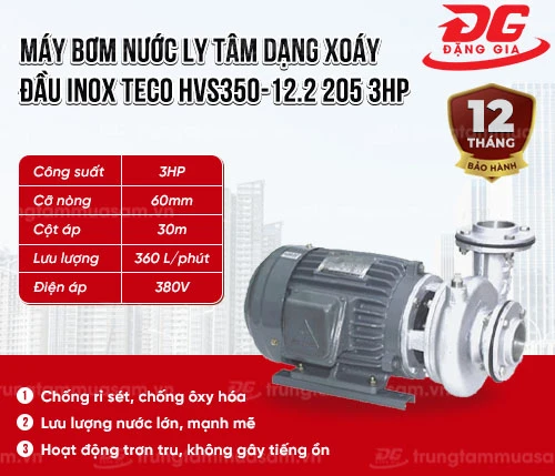Máy bơm nước ly tâm dạng xoáy đầu inox TECO HVS350-12.2 205 3HP 2