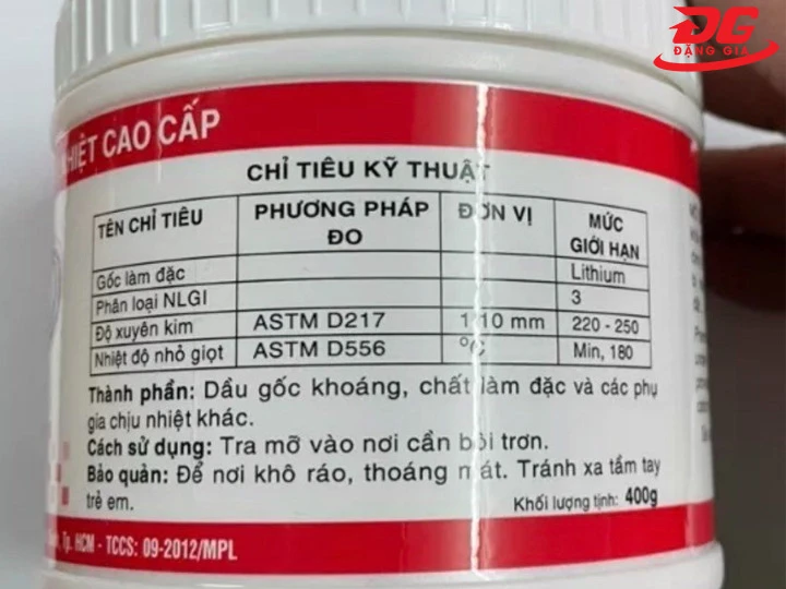 thông số mỡ bôi trơn 